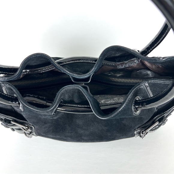 COLE HAAN Black Suede w Patent Leather Side Buckle Pockets Shoulder Bag Tote - Picture 8 of 14